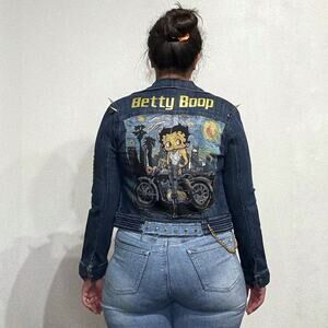 Upcycled Blue Denim Betty Boop Jean Jacket Sz M